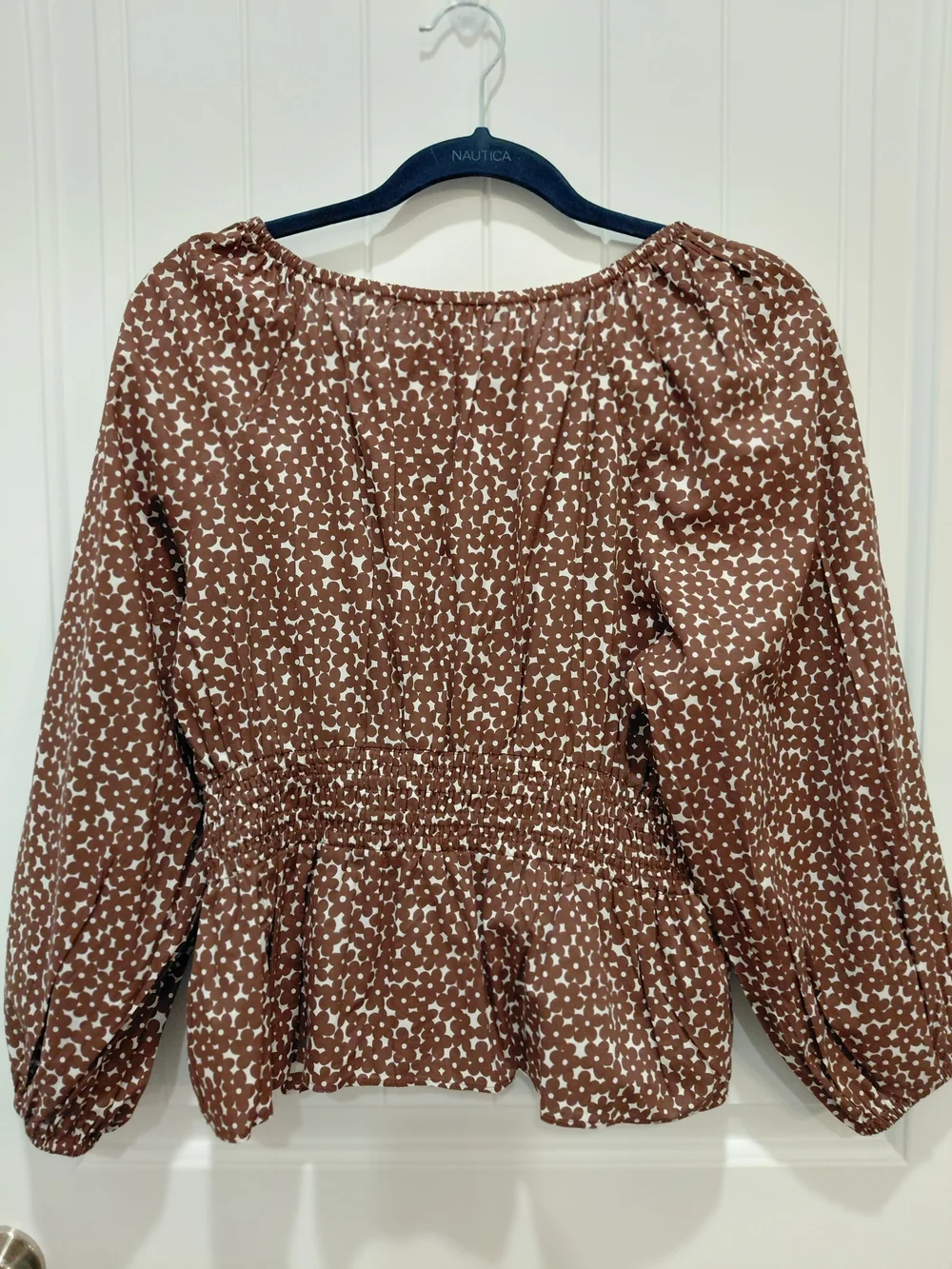 J. Crew Brown and White Printed Smocked Peasant Blouse #0958